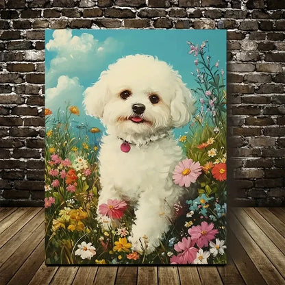 Cute Bichon Frise Dog with Flowers & Plants Painting 40x60cm Metal Print Ready to Hang - Bella Home Decor