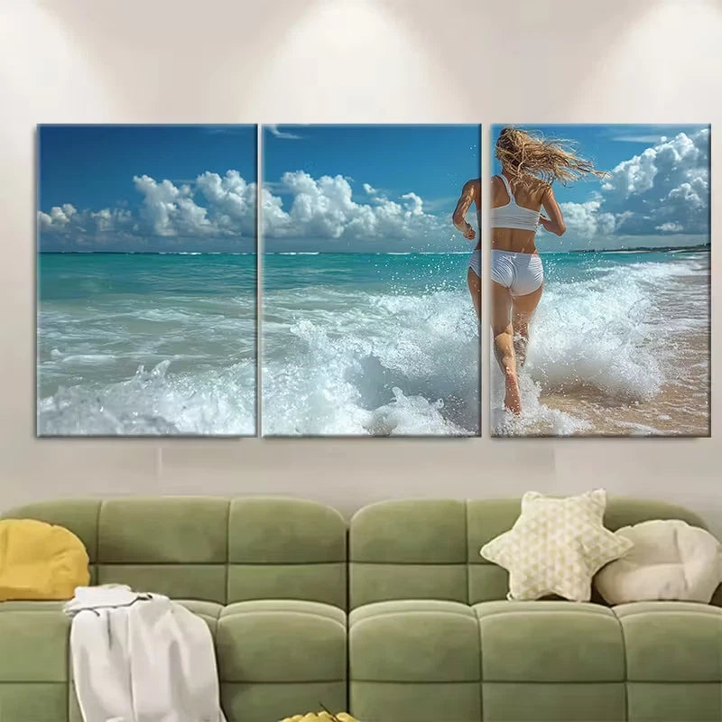 3pcs Young Woman Running on Sandy Beach Metal Print Ready to Hang Art