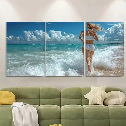 3pcs Young Woman Running on Sandy Beach Metal Print Ready to Hang Art