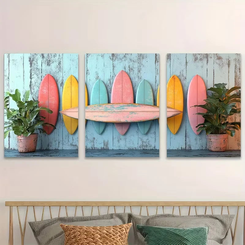 3pcs Color Palette Surfboard Lineup Wall Art Set Canvas Framed 50x70cm - High Quality Print 100% Australian Made Wall Canvas Ready to Hang - Bella Home Decor