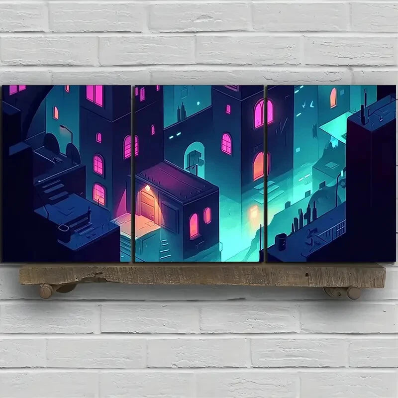 3pcs Neon City Paintings Big Buildings Metal Print Ready to Hang Art - Bella Home Decor