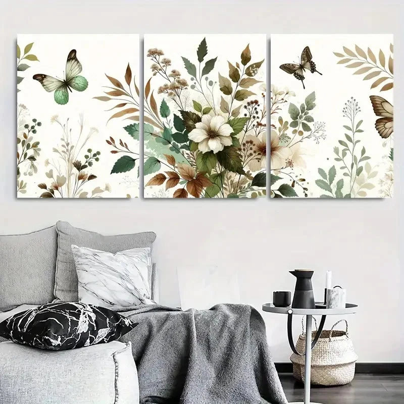 3pcs Elegant Botanical Butterfly Meadow Wall Art Set Canvas Framed 60x90cm - High Quality Print 100% Australian Made Wall Canvas Ready to Hang