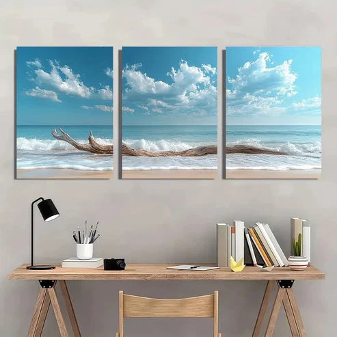 3pcs Bright Blue Sky and Ocean Waves Wall Art Set Canvas Unframed - High Quality Print 100% Australian Made Wall Canvas - Bella Home Decor