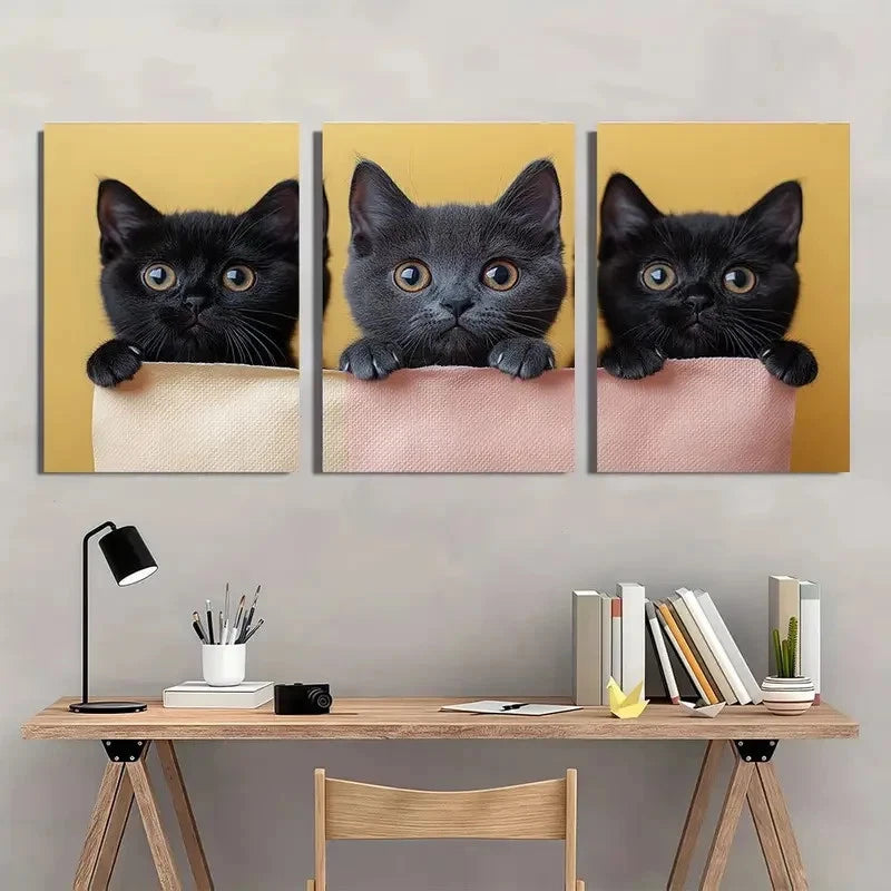 3pcs Adorable Black Playful Cats Painting Metal Print Ready to Hang Art - Bella Home Decor