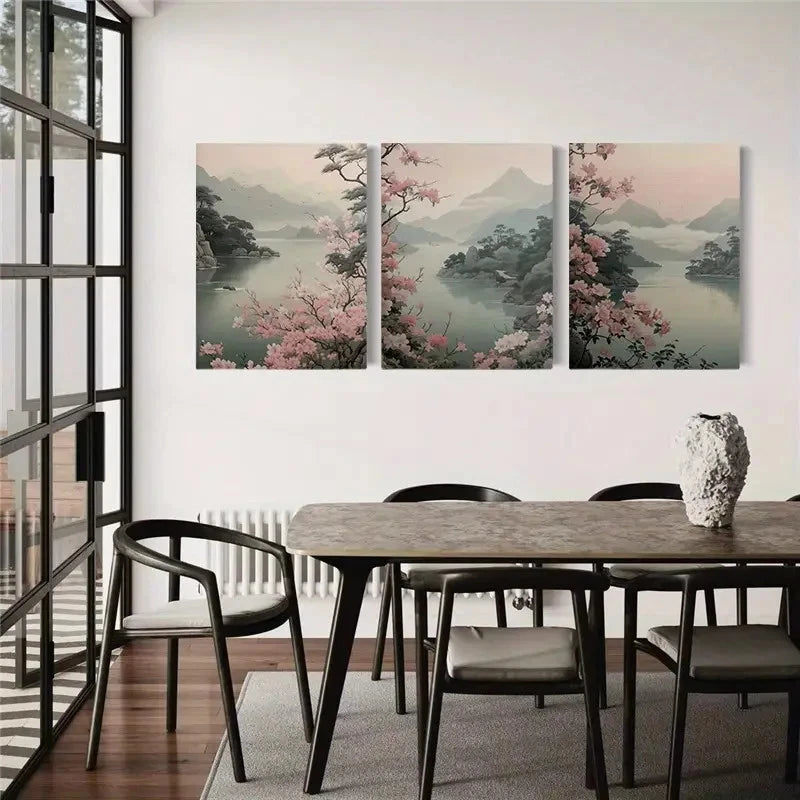 3pcs Vibrant Pink Sakura Trees & Misty Mountains Metal Print Ready to Hang Art - Bella Home Decor