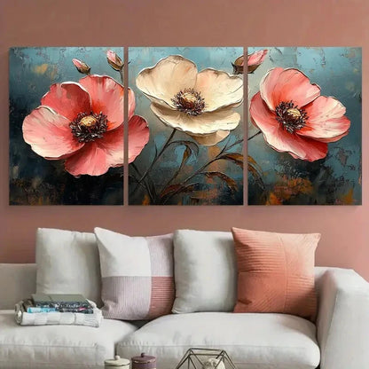 3pcs Vibrant Pink White Flower Abstract Modern Metal Print Ready to Hang Art - Bella Home Decor