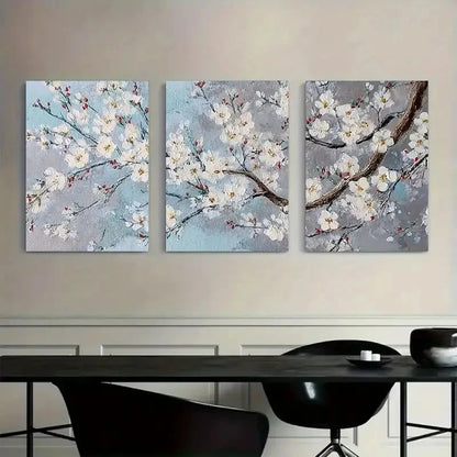 3pcs Cherry Blossom Painting on Grey Background Metal Print Ready to Hang Art - Bella Home Decor