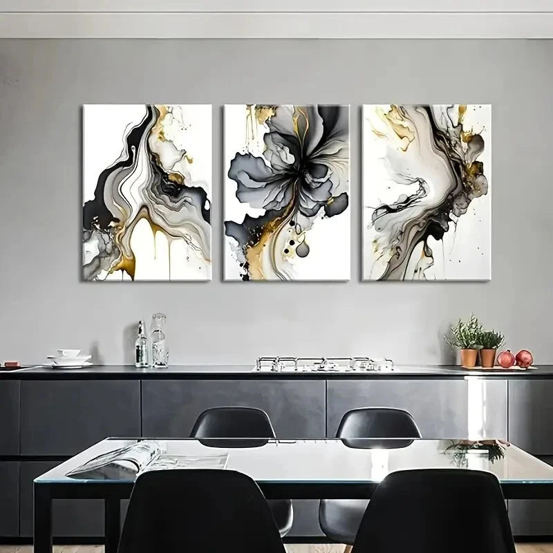 3pcs Black and Gold Abstract Metal Print Ready to Hang Art