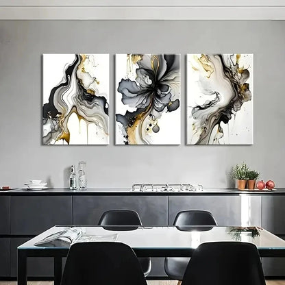 3pcs Black and Gold Abstract Metal Print Ready to Hang Art