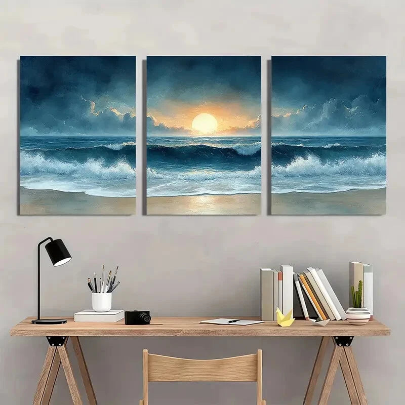 3pcs Ocean Beach Watercolor Art Seascape Paintings Metal Print Ready to Hang Art - Bella Home Decor