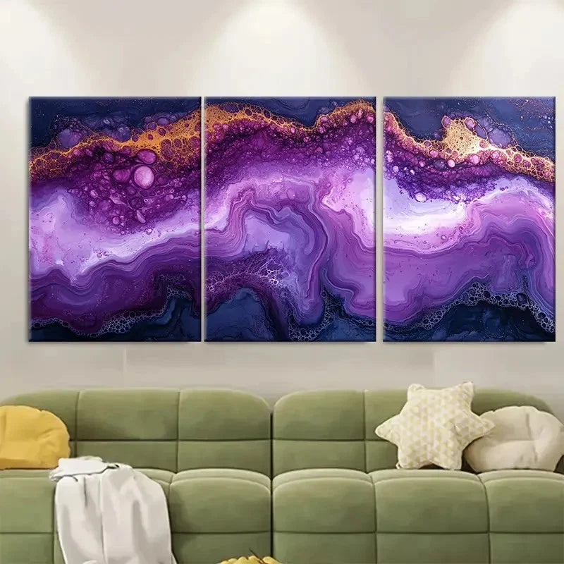 3pcs Violet Fluid Paint Marbling Abstract SR Wall Art Set Canvas Framed 60x90cm - High Quality Print 100% Australian Made Wall Canvas Ready to Hang - Bella Home Decor
