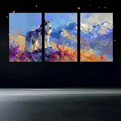 3pcs Vibrant Husky in The Flower Field Mountain Metal Print Ready to Hang Art - Bella Home Decor
