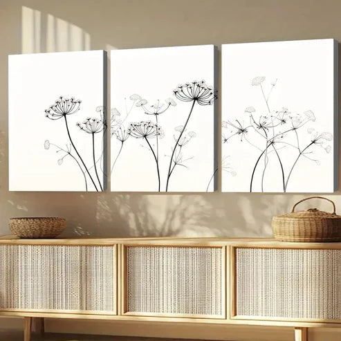 3pcs Queen Annes White Black Liner Florals Wall Art Canvas Unframed - High Quality Print 100% Australian Made Wall Canvas