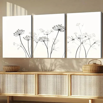 3pcs Queen Annes White Black Liner Florals Wall Art Canvas Unframed - High Quality Print 100% Australian Made Wall Canvas