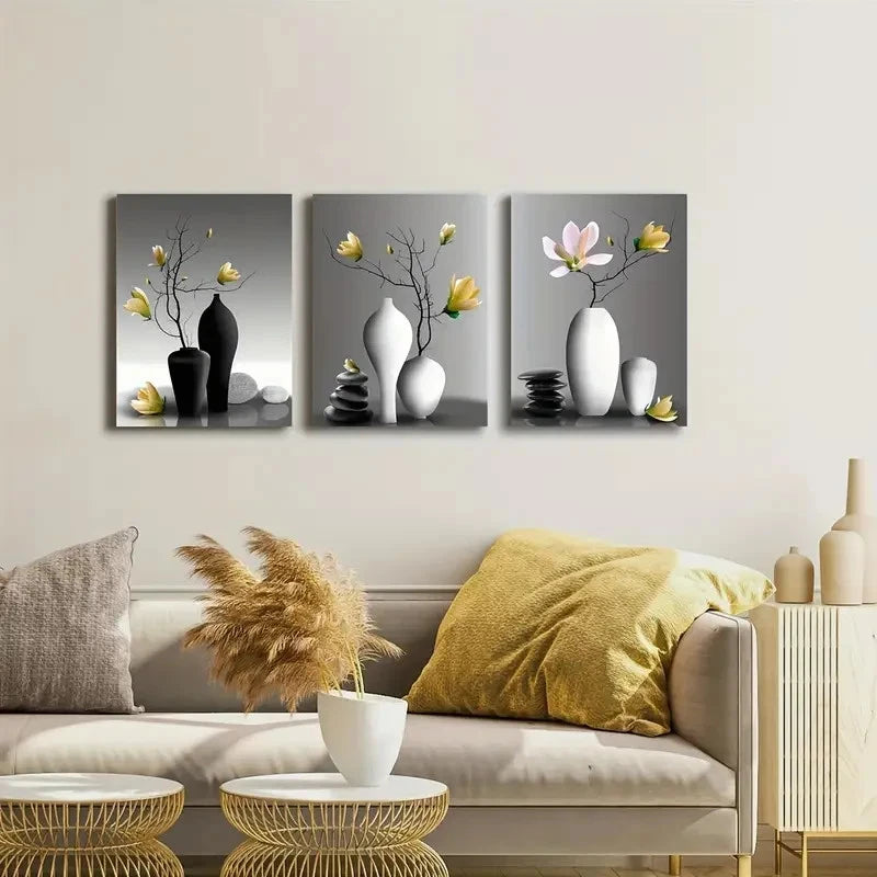 3pcs Black & White Elegant Orchid Metal Print Ready to Hang Art - Bella Home Decor