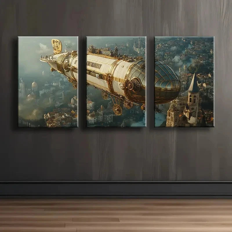 3pcs Steampunk Airship Vintage Style Wall Art Set Canvas Framed 40x60cm - High Quality Print 100% Australian Made Wall Canvas Ready to Hang