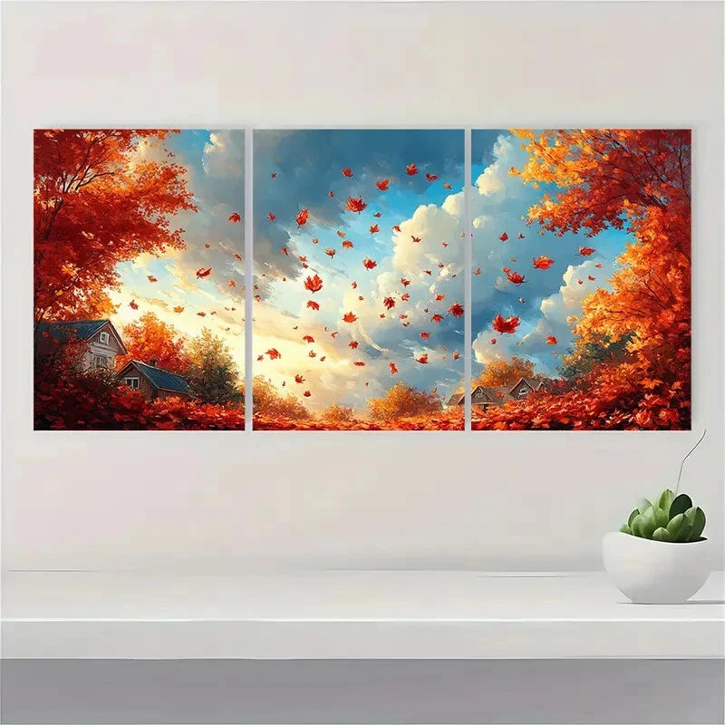 3pcs Giclee Autumn Landscape Falling Leaves Metal Print Ready to Hang Art - Bella Home Decor
