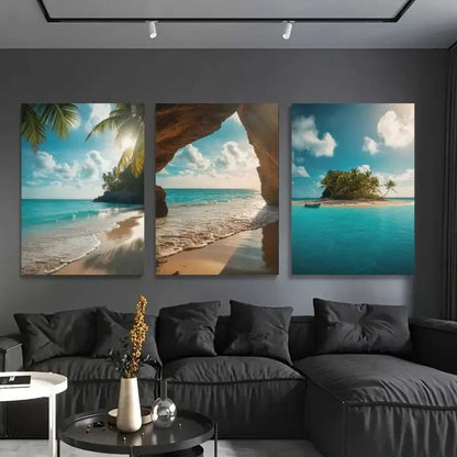 3pcs Palm Trees, Blue Ocean, Sandy Beach, Clear Wall Art Set Canvas Framed 60x90cm - High Quality Print 100% Australian Made Wall Canvas Ready to Hang
