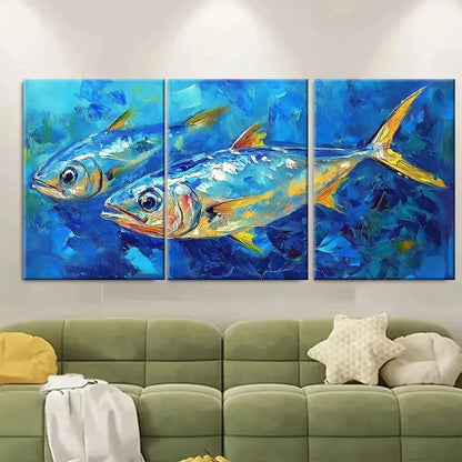 3pcs Sardine Painting Fish Artwork RT    Wall Art Set Canvas Framed 50x70cm - High Quality Print 100% Australian Made Wall Canvas Ready to Hang