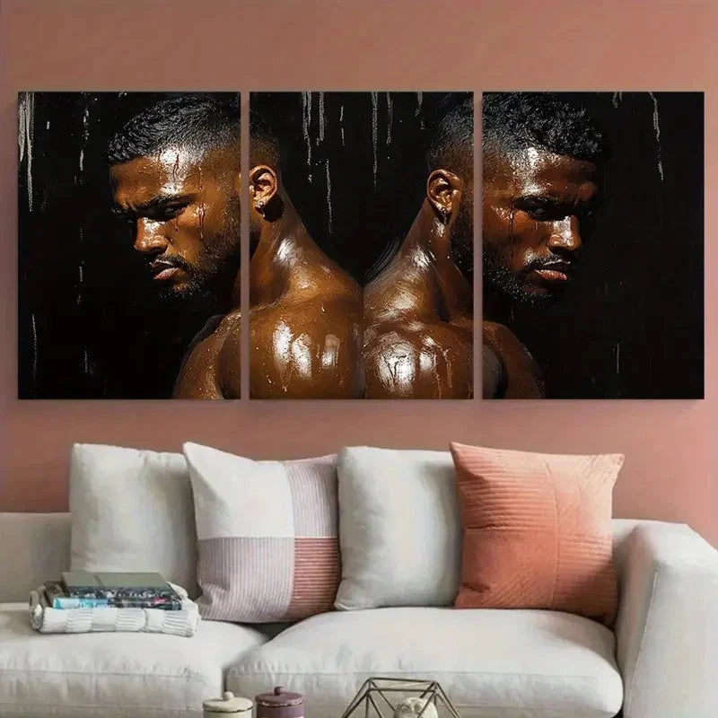3pcs Black Men Body Muscular Bodies Illustration Metal Print Ready to Hang Art - Bella Home Decor