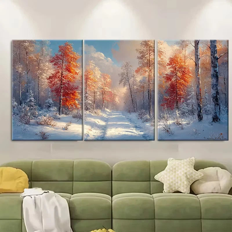 3pcs Vibrant Snowy Path & Colorful Trees, Metal Print Ready to Hang Art