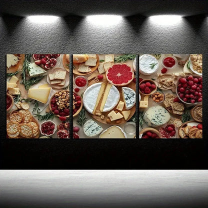 3pcs Gourmet Food and Cheese Platter Design Metal Print Ready to Hang Art - Bella Home Decor