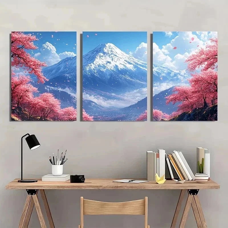 3pcs Cherry Blossom Mountain Nature Perfect Wall Art Set Canvas Framed 40x60cm - High Quality Print 100% Australian Made Wall Canvas Ready to Hang - Bella Home Decor