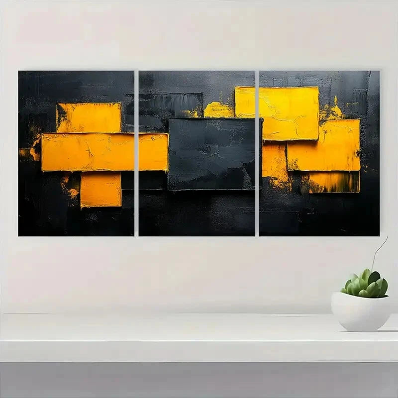 3pcs Vibrant Yellow & Black Abstract Art Set Metal Print Ready to Hang Art - Bella Home Decor