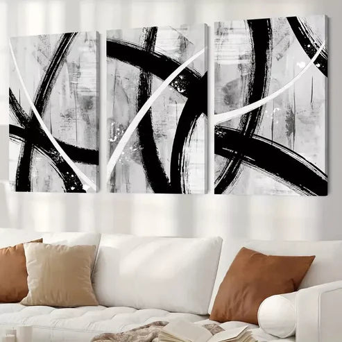 3pcs Black Gray White Geometric Paint Wall Art Canvas Unframed - High Quality Print 100% Australian Made Wall Canvas