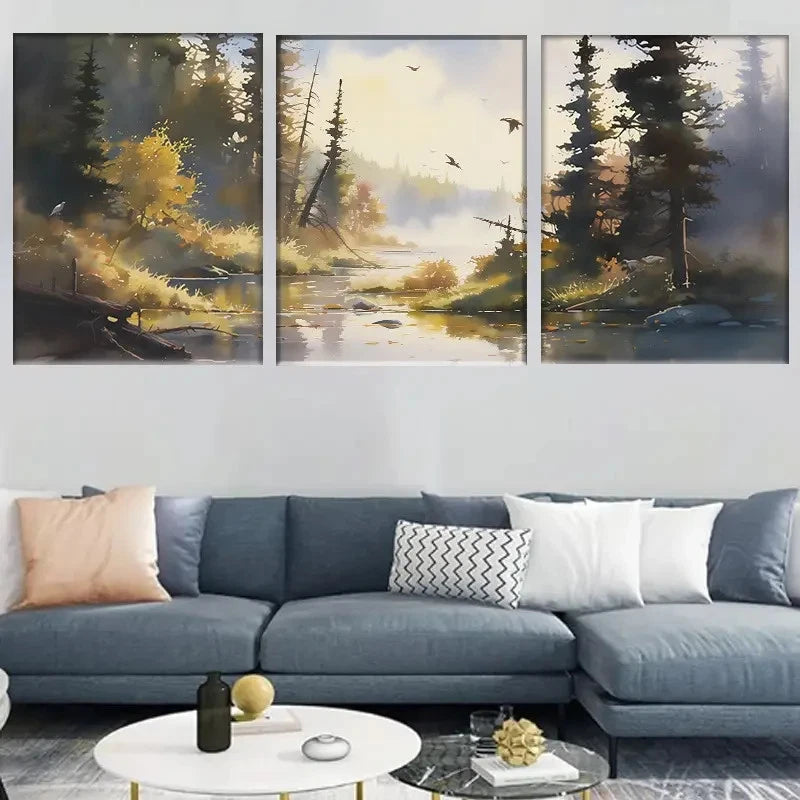 3pcs Forest Stream Serene Sunrise with Misty Trees Metal Print Ready to Hang Art - Bella Home Decor