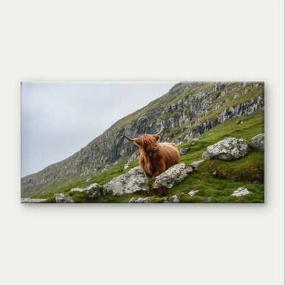 Highland Cow on a Green Hillside Wall Art Canvas Office Home Framed 120x60cm