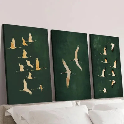 3pcs Featuring Cranes in Emerald Green Wall Art Set Canvas Unframed - High Quality Print 100% Australian Made Wall Canvas