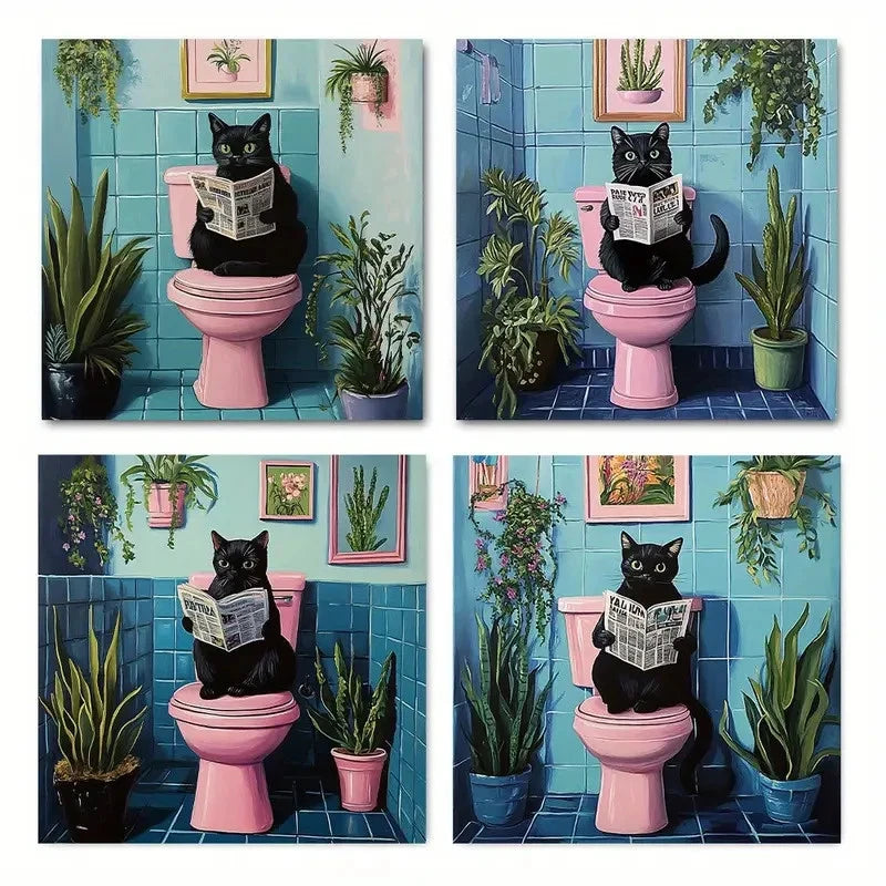 4pcsBlack Cat Reading Newspaper,Wall Art Canvas Framed