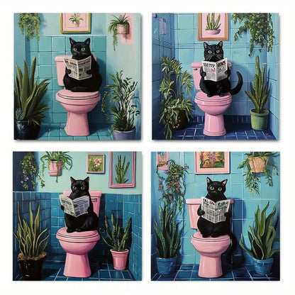 4pcsBlack Cat Reading Newspaper,Wall Art Canvas Framed