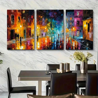 3pcs Romantic City Street Night Scene Perfect Wall Art Set Canvas Framed 50x70cm - High Quality Print 100% Australian Made Wall Canvas Ready to Hang
