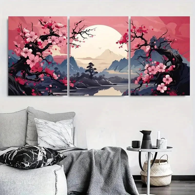 3pcs Cherry Blossom Sunrise Zen Floral Metal Print Ready to Hang Art - Bella Home Decor