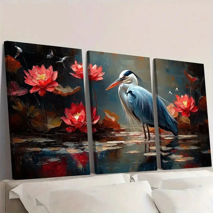 3pcs Blue Heron in Red Lotus Pond Scene   Wall Art Set Canvas Framed 60x90cm - High Quality Print 100% Australian Made Wall Canvas Ready to Hang - Bella Home Decor