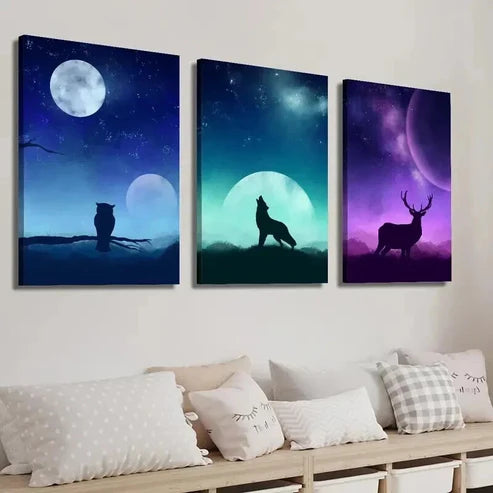 3pcs Moon Starry Sky Animal Owl Wolf and Deer Wall Art Set Canvas Unframed - High Quality Print 100% Australian Made Wall Canvas