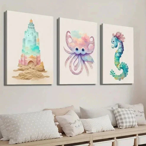 3pcs Sandstone Castle Octopus Seahorse Wall Art Set Canvas Unframed - High Quality Print 100% Australian Made Wall Canvas