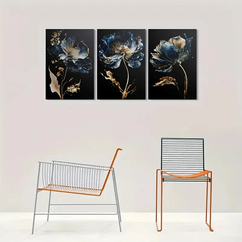 3pcs Abstract Blue and Golden Flowers Metal Print Ready to Hang Art - Bella Home Decor