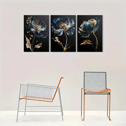 3pcs Abstract Blue and Golden Flowers Metal Print Ready to Hang Art - Bella Home Decor