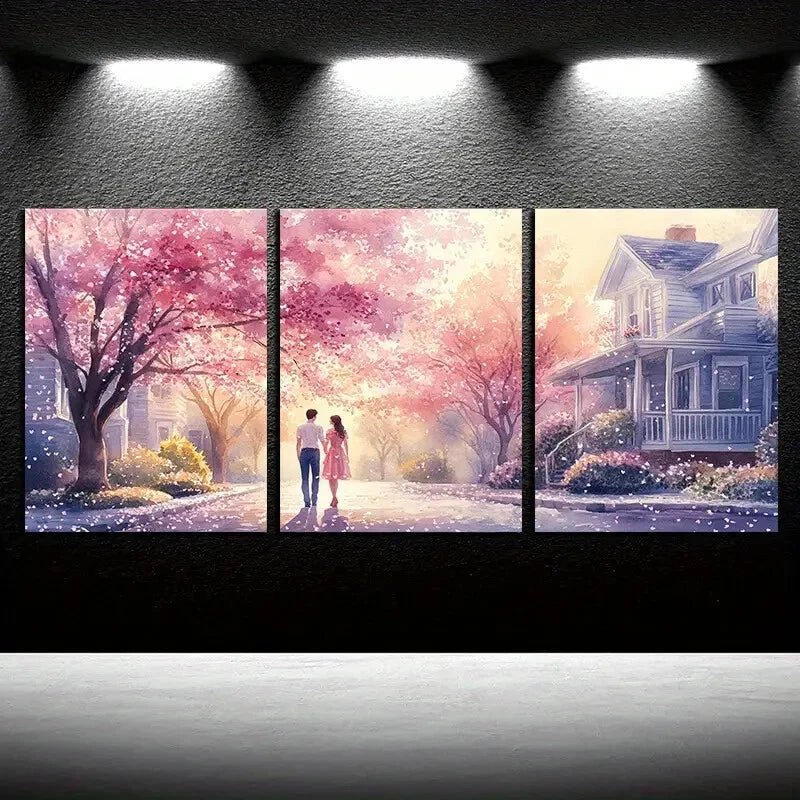 3pcs Couples Strolling Along The Flower Path Metal Print Ready to Hang Art - Bella Home Decor