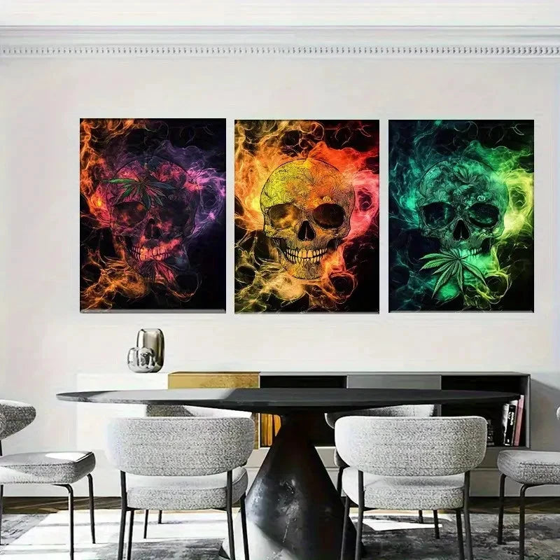 3pcs Colorful Skulls with Swirling Colors Metal Print Ready to Hang Art - Bella Home Decor