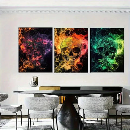 3pcs Colorful Skulls with Swirling Colors Metal Print Ready to Hang Art - Bella Home Decor