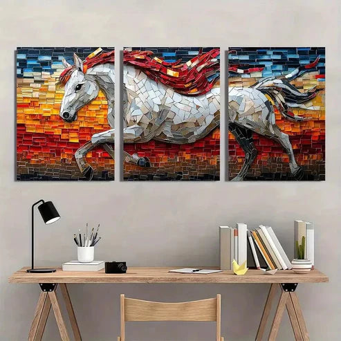 3pcs Mosaic Horse Vibrant Blue Red & Golden  Wall Art Set Canvas Unframed - High Quality Print 100% Australian Made Wall Canvas