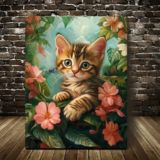 Featuring a Cute Cat & Flowers Painting 40x60cm Metal Print Ready to Hang