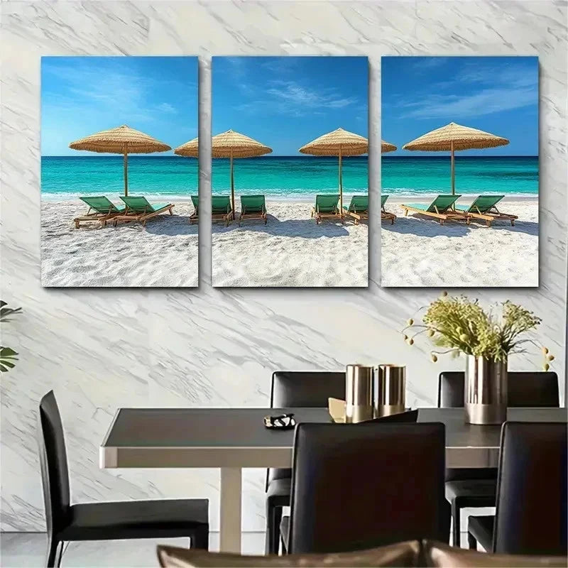 3pcs Green Mint Beach Parasols Perfect Wall Art Set Canvas Framed 50x70cm - High Quality Print 100% Australian Made Wall Canvas Ready to Hang