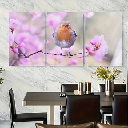 3pcs Vibrant Cherry Blossom and Bird Design Metal Print Ready to Hang Art