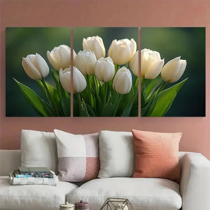 3pcs Classic White Tulip Bouquet Minimalist Floral Metal Print Ready to Hang Art - Bella Home Decor