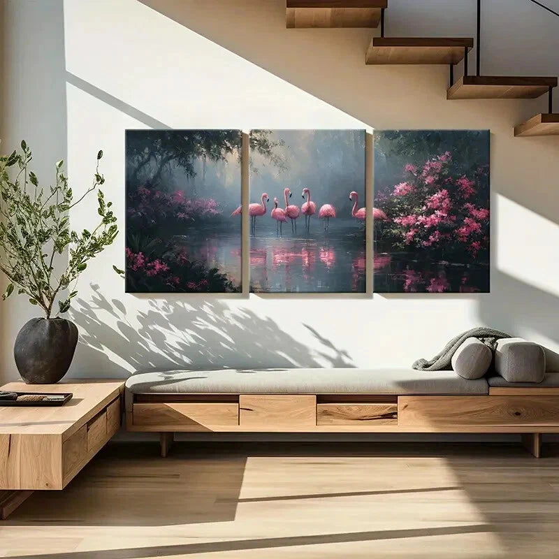 3pcs Artistic Flamingo Pond Pink Flowers Metal Print Ready to Hang Art - Bella Home Decor
